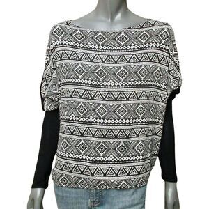 Nymphe Womens Top Long Sleeve Black White Tribal Print Boat Neck Casual S